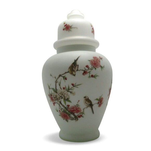 Large GINGER JAR With Lid Frosted Satin Glass Bird And Floral 18" Tall Vintage - Picture 4 of 9